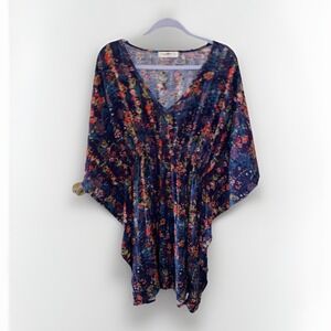 Natural LIFE Sanibel Kaftan Mini Dress Tunic Watercolor Indigo Floral Large Boho